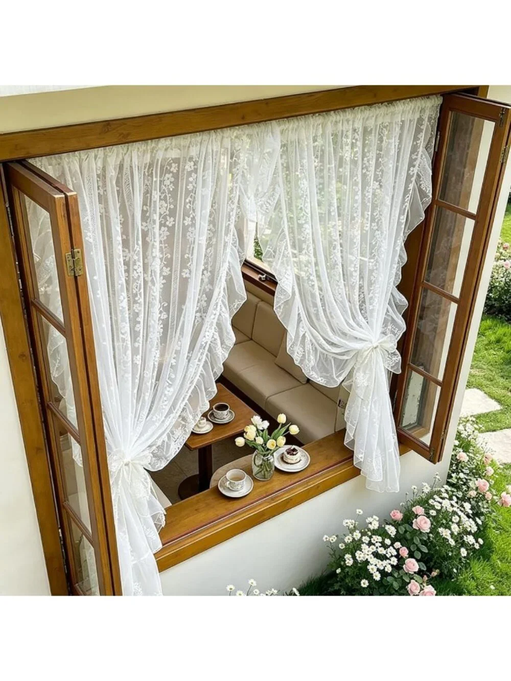 White Lace Curtain with Ruffles - Floral Knitted Design for Girls' Bedroom Decor